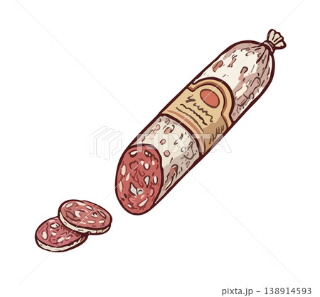 Salami smoked sausage. Vector handdrawn illustration isolated on white background Salami smoked sausage. Vector handdrawn illustration isolated on white background 138914593