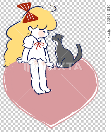 An illustration of a girl sitting on a heart and gazing at a cat. 138914830
