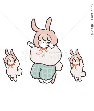 うさぎの被り物をした女の子と跳ねる小さいうさぎたちのイラスト 138914865