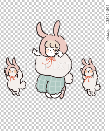 うさぎの被り物をした女の子と跳ねる小さいうさぎたちのイラスト 138914865