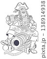 Black and white pirate captain sitting on cannon with mug vector illustration 138914938