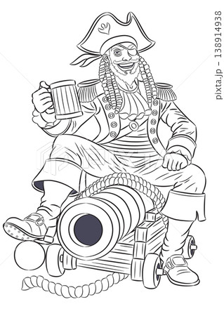 Black and white pirate captain sitting on cannon with mug vector illustration 138914938