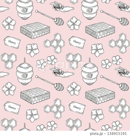 Hand-drawn graphic seamless pattern made of honey dipper, honeycombs, bee, field flowers, beehive for packaging or product design Hand-drawn graphic seamless pattern made of honey dipper, honeycombs, bee, field flowers, beehive for packaging or product design 138915191
