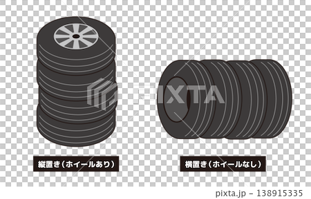 縦置きと横置きの4本の黒いタイヤのイラスト(アイソメトリック図) 縦置きと横置きの4本の黒いタイヤのイラスト(アイソメトリック図) 138915335