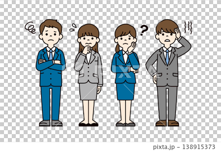 A set of full-body vector illustrations of multiple students/job seekers in suits, with troubled or worried expressions and poses. A set of full-body vector illustrations of multiple students/job seekers in suits, with troubled or worried expressions and poses. 138915373