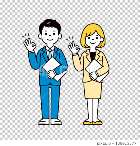 タブレットを持って了解のサインをする、男女のビジネスパーソンの全身ベクターイラスト素材セット タブレットを持って了解のサインをする、男女のビジネスパーソンの全身ベクターイラスト素材セット 138915377