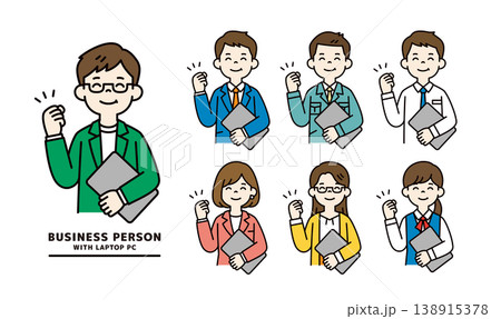 ノートパソコンを片手にガッツポーズをする、様々なビジネスパーソンのベクターイラスト素材セット ノートパソコンを片手にガッツポーズをする、様々なビジネスパーソンのベクターイラスト素材セット 138915378