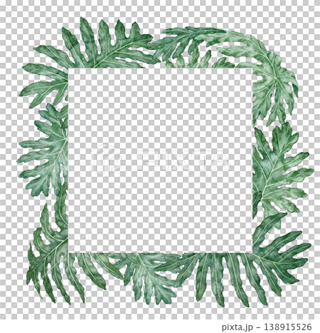 Tropical leaves square frame Philodendron Selloum watercolor botanical illustration. Hand drawn green foliage texture with copy space. Floral nature design for garden card decorative template. Tropical leaves square frame Philodendron Selloum watercolor botanical illustration. Hand drawn green foliage texture with copy space. Floral nature design for garden card decorative template. 138915526