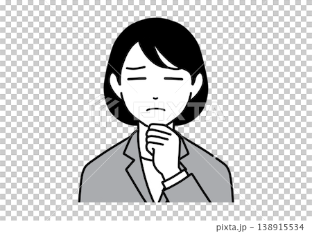 一幅黑白插圖,描繪了一位身穿西裝的年輕女子,她一手托著下巴,神情憂慮。 一幅黑白插圖,描繪了一位身穿西裝的年輕女子,她一手托著下巴,神情憂慮。 138915534