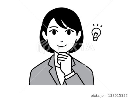 手を顎に当ててひらめくスーツ姿の若い女性のイラスト　モノトーン 138915535