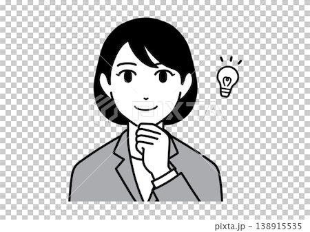 手を顎に当ててひらめくスーツ姿の若い女性のイラスト　モノトーン 138915535