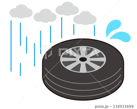 タイヤを雨の当たる場所に保管しない注意喚起のイラスト タイヤを雨の当たる場所に保管しない注意喚起のイラスト 138915699
