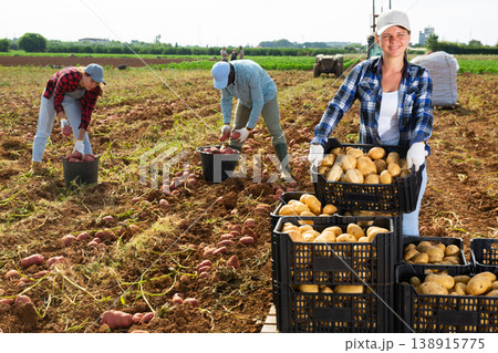 Woman farmer carrying crate with potato crop 138915775