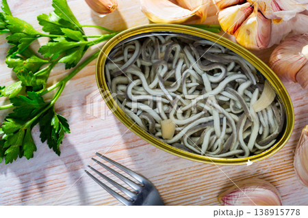 Can of natural elvers in garlic pickle Can of natural elvers in garlic pickle 138915778