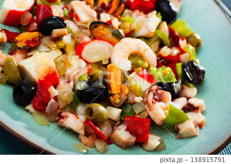Seafood Salpicon with shrimp, mussels, octopus, vegetables and olives Seafood Salpicon with shrimp, mussels, octopus, vegetables and olives 138915791
