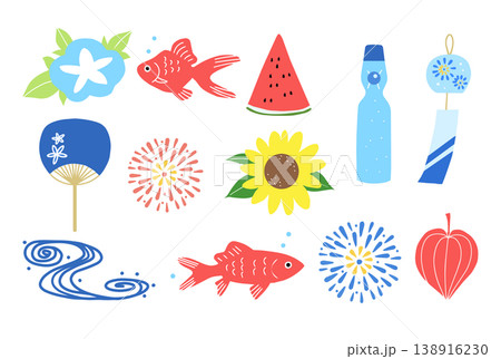 夏の涼し気な和風小物 フラットシンプルなイラスト素材集 夏の涼し気な和風小物 フラットシンプルなイラスト素材集 138916230