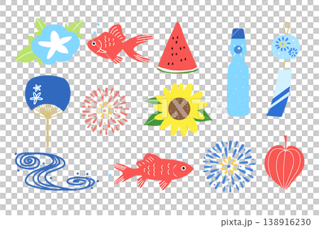 夏の涼し気な和風小物 フラットシンプルなイラスト素材集 夏の涼し気な和風小物 フラットシンプルなイラスト素材集 138916230
