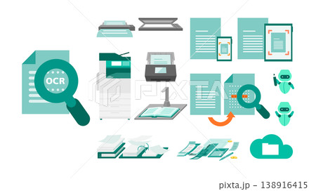 OCRデバイスとオフィス機器のセット スキャナーや複合機による文書デジタル化と自動化のイメージ 138916415