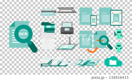 OCRデバイスとオフィス機器のセット スキャナーや複合機による文書デジタル化と自動化のイメージ 138916415