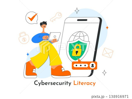 Cybersecurity Literacy Illustration Featuring Digital Data Protection With Smartphone Lock, Password Security, Shield Protection, and Online Privacy 138916971