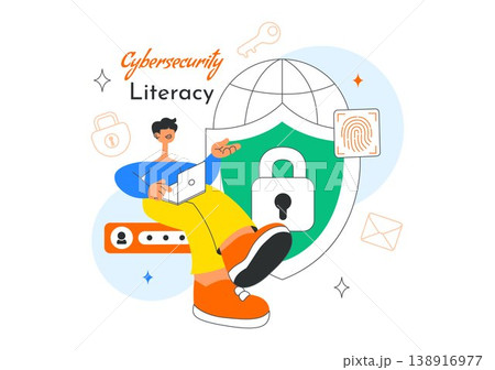 Cybersecurity Literacy Illustration Featuring Digital Data Protection With Smartphone Lock, Password Security, Shield Protection, and Online Privacy 138916977
