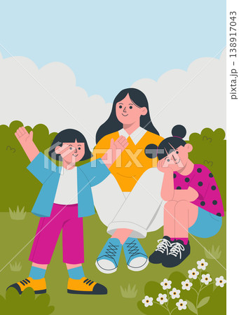 Mother and Children Spending Happy Time Together Outdoors. Mothers Day Illustration Mother and Children Spending Happy Time Together Outdoors. Mothers Day Illustration 138917043