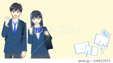 勉強のイメージ、学習アイテムと高校生または中学生の男女のアニメ風イラスト 勉強のイメージ、学習アイテムと高校生または中学生の男女のアニメ風イラスト 138917073