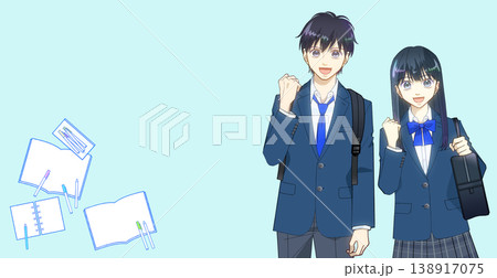 勉強のイメージ、学習アイテムと高校生または中学生の男女のアニメ風イラスト 勉強のイメージ、学習アイテムと高校生または中学生の男女のアニメ風イラスト 138917075