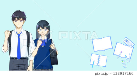 勉強のイメージ、学習アイテムと高校生または中学生の男女のアニメ風イラスト（夏服） 138917166