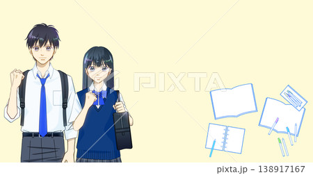 勉強のイメージ、学習アイテムと高校生または中学生の男女のアニメ風イラスト（夏服） 138917167