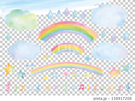 一組可愛的手繪水彩插圖,描繪了彩虹和雨季的景象。 一組可愛的手繪水彩插圖,描繪了彩虹和雨季的景象。 138917208