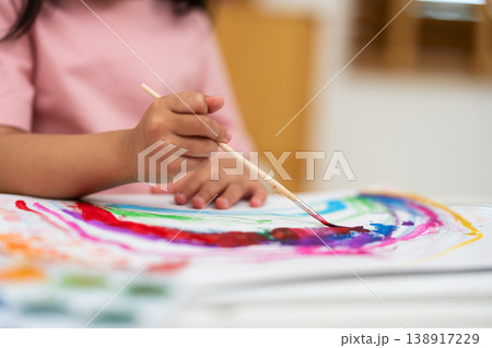 close up of preschool child girl painting on paper with watercolor in pan close up of preschool child girl painting on paper with watercolor in pan 138917229