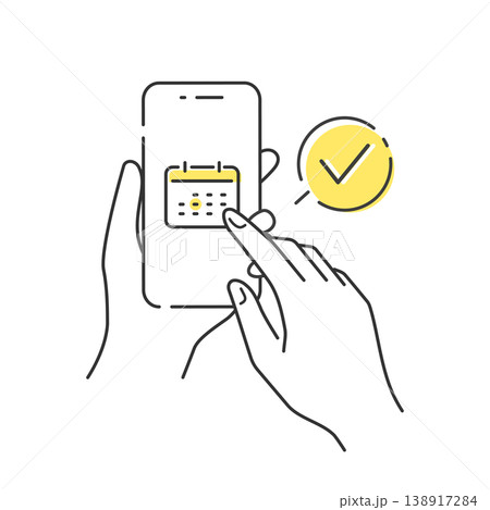 スマホで予約完了を表すカレンダー操作のベクターイラスト（線画・チェックマークアイコン付き）黄色 138917284