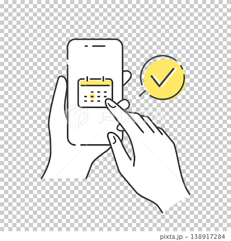 スマホで予約完了を表すカレンダー操作のベクターイラスト（線画・チェックマークアイコン付き）黄色 138917284