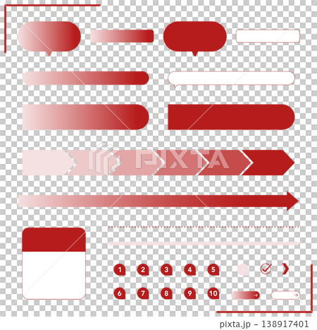 A simple red set of business and web-oriented UI elements and icons. Vector assets including speech bubbles, arrows, and numbers. A simple red set of business and web-oriented UI elements and icons. Vector assets including speech bubbles, arrows, and numbers. 138917401