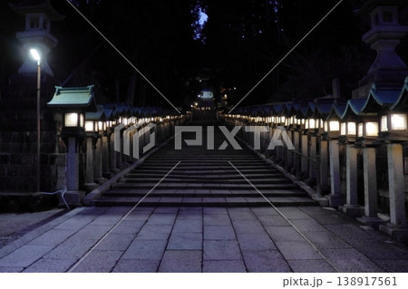 夜の宝山寺参道と燈篭 本堂方面の景色（奈良県生駒市） 138917561