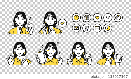 スマートフォンを見るポジティブなかわいい20代女性と通知アイコンセット スマートフォンを見るポジティブなかわいい20代女性と通知アイコンセット 138917567
