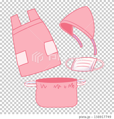 粉紅色圍裙套裝（圍裙、頭巾、口罩、束口袋）所需物品清單示意圖 138917749