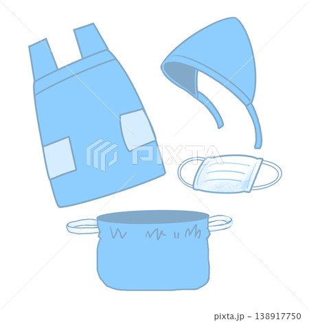 エプロンセット（青）の持ち物チェックイラスト（エプロン・三角巾・マスク・巾着） 138917750