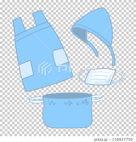 エプロンセット（青）の持ち物チェックイラスト（エプロン・三角巾・マスク・巾着） 138917750