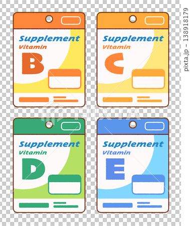 ビタミンサプリの錠剤とボトルのイラスト4点セット｜健康・栄養補助食品 138918179