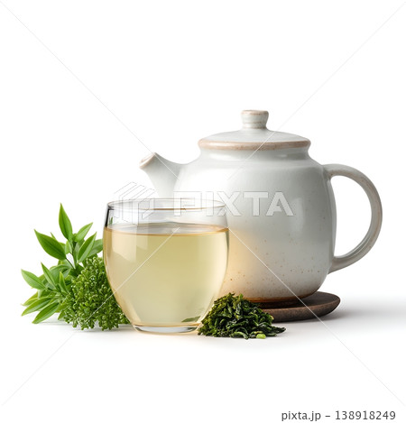 Fresh Herbal Tea with Pot and Glass on White Background for Relaxation and Wellness Fresh Herbal Tea with Pot and Glass on White Background for Relaxation and Wellness 138918249
