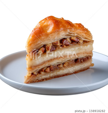 Flaky layers of pastry filled with nuts and honey on a white plate showcasing dessert delight Flaky layers of pastry filled with nuts and honey on a white plate showcasing dessert delight 138918282