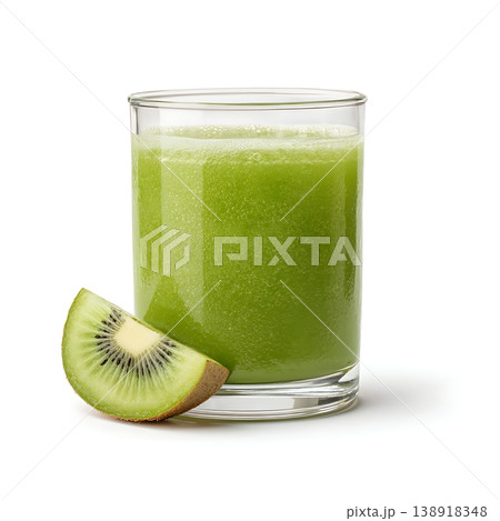 Refreshing Green Smoothie in Glass with Fresh Kiwi Slice Beside It Refreshing Green Smoothie in Glass with Fresh Kiwi Slice Beside It 138918348