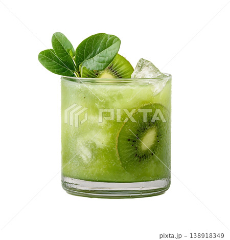 Refreshing Green Kiwi Drink with Ice and Fresh Leaves in Transparent Glass Refreshing Green Kiwi Drink with Ice and Fresh Leaves in Transparent Glass 138918349