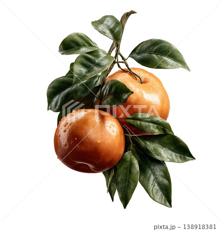 Fresh Clementine Oranges with Green Leaves on a White Background for Food Photography 138918381