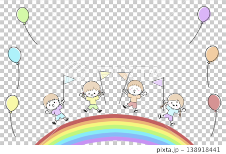 虹の上で旗を持つ子供たちと風船 虹の上で旗を持つ子供たちと風船 138918441