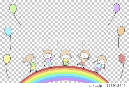 Children playing on a rainbow and balloons Children playing on a rainbow and balloons 138918443