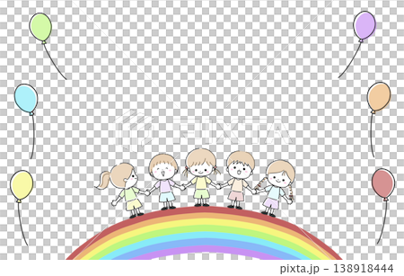 孩子們手牽手，拿著氣球，站在彩虹上 138918444