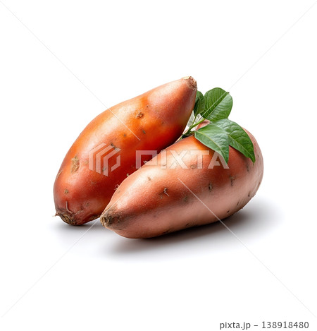 Fresh and Vibrant Sweet Potatoes with Green Leaves on a Clean White Background 138918480